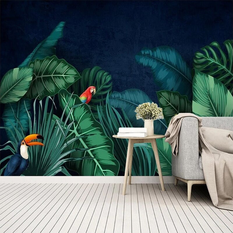 custom-mural-wallpaper-papier-peint-papel-de-parede-wall-decor-ideas-for-bedroom-living-room-dining-room-wallcovering-Hand-Painted-Tropical-Plant-Flower-Banana-Leaf-Parrot