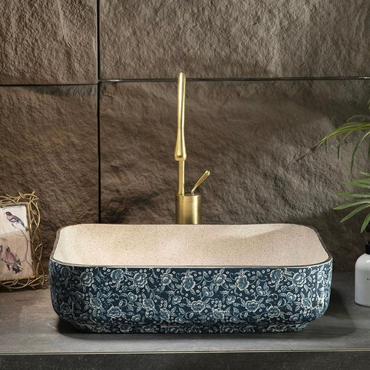 Chinese Ceramic Art Countertop Blue Square Basin Lavabo Porcelain Bathroom Sink
