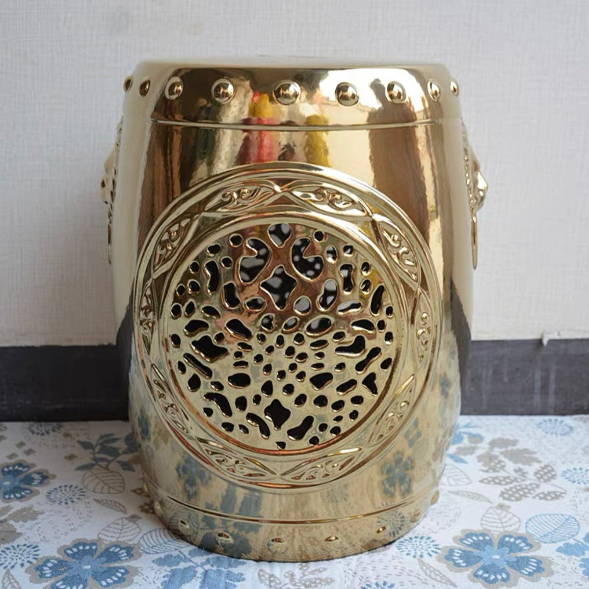 Golden Silver Ceramic Drum Stool Modern Decorative Stool BVM Home