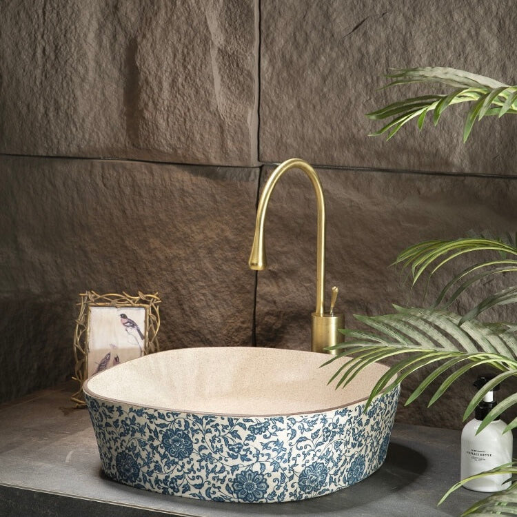 Chinoiserie Chinese Ceramic Art Countertop Square Basin Lavabo Porcelain Bathroom Sink