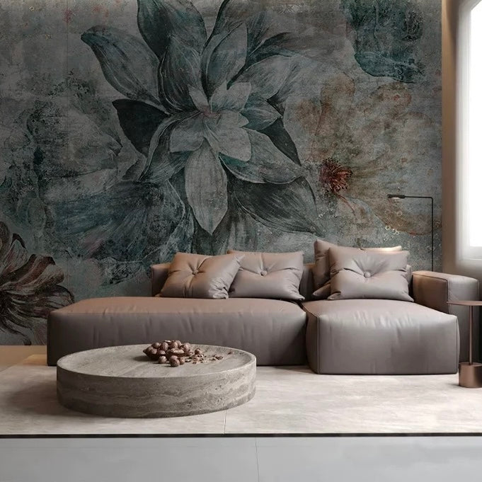 Vintage floral wallpaper mural with large blush and green blooms for dramatic feature walls