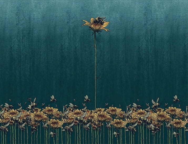 Dramatic Floral Meadow Wall Mural Dark Teal Botanical Wallpaper with Bees