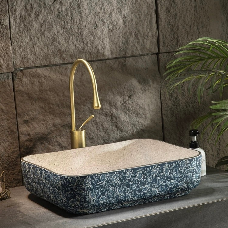 Chinese Ceramic Art Countertop Blue Square Basin Lavabo Porcelain Bathroom Sink