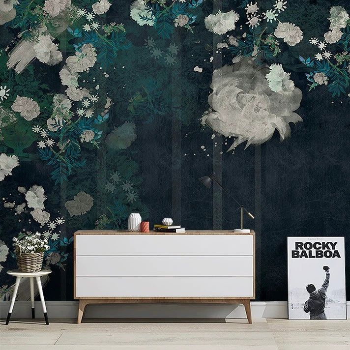 Custom Wallpaper Mural Retro Style Rose Flowers Blue