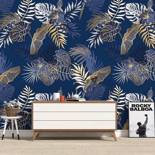 custom-blue-wallpaper-mural-for-living-room-tropical-leaves