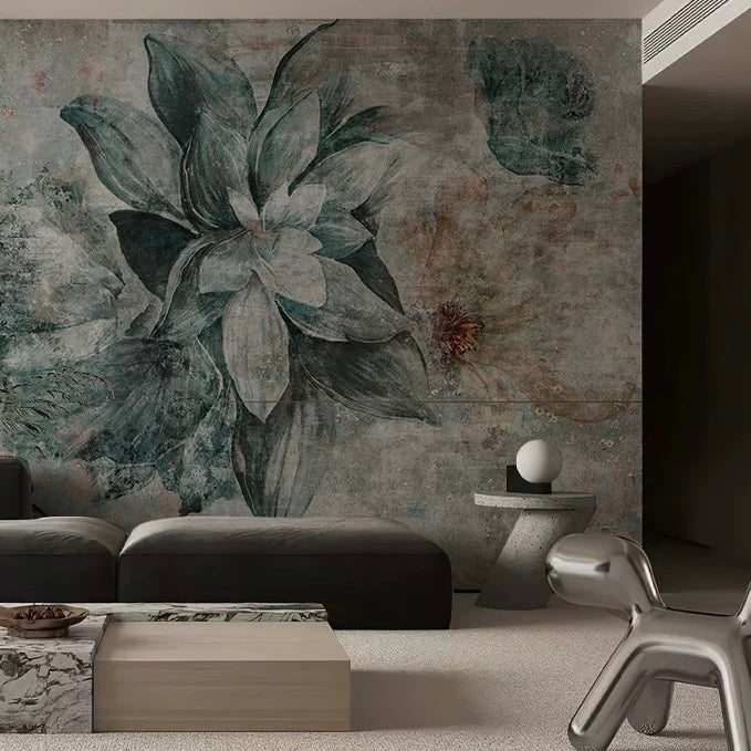 Vintage floral wallpaper mural with large blush and green blooms for dramatic feature walls