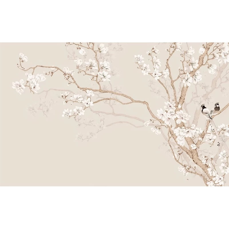 Custom Neutral Chinoiserie Wallpaper Mural | Magnolia & Birds