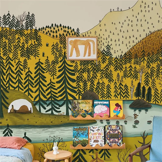 Enchanted Forest & Mountain Adventure Wall Mural - Custom Illustrated Nature Wallpaper for Kids Room & Nursery