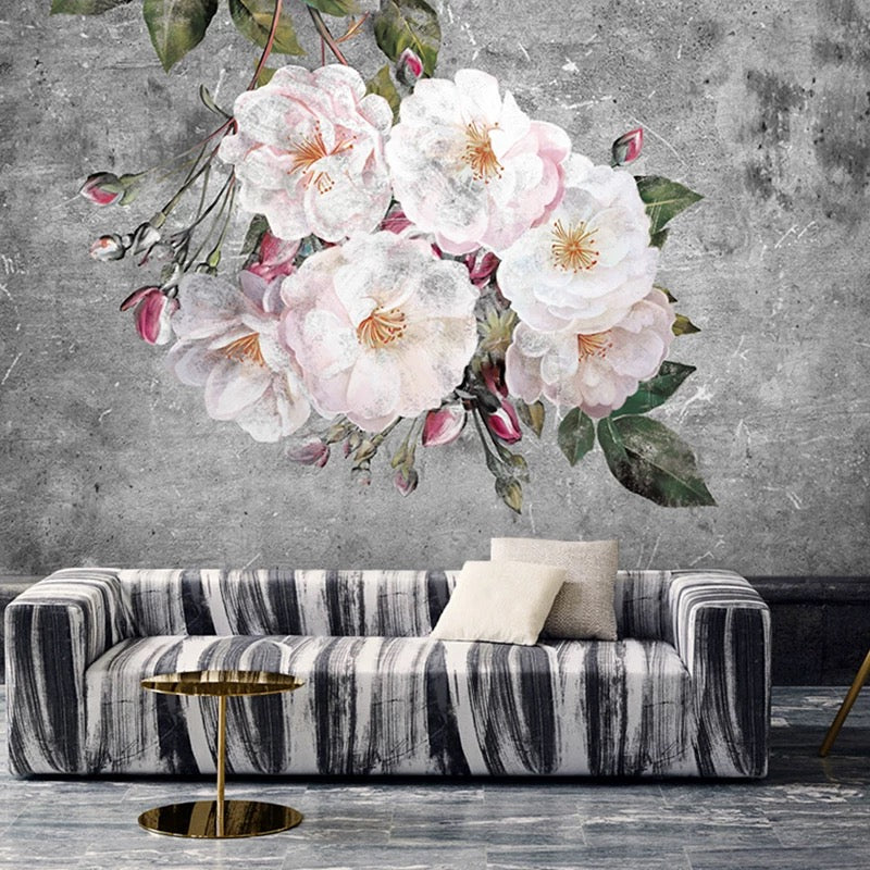Vintage floral wallpaper mural with large blush and pink blooms for dramatic feature walls