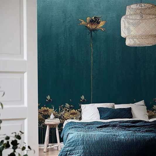 Dramatic Floral Meadow Wall Mural Dark Teal Botanical Wallpaper with Bees