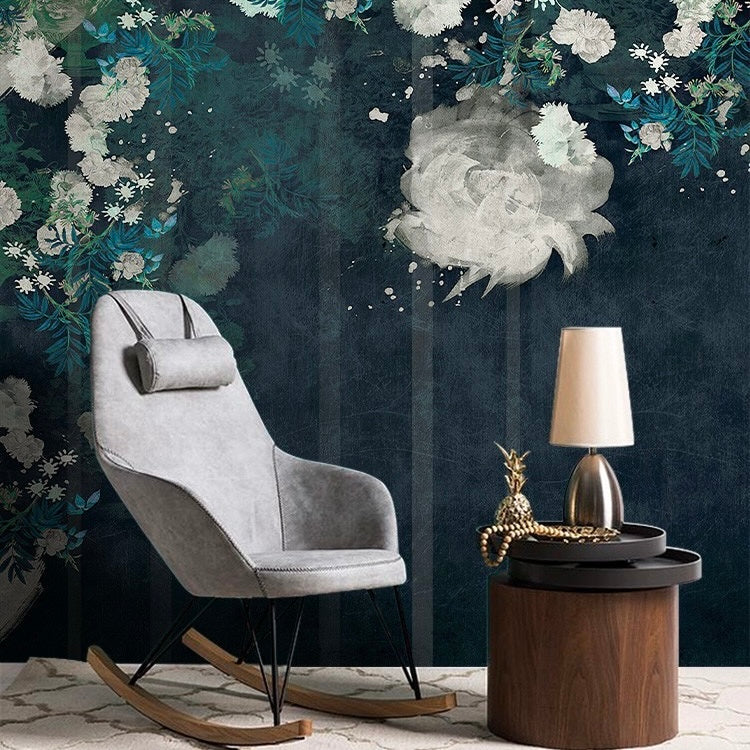 Custom Wallpaper Mural Retro Style Rose Flowers Blue