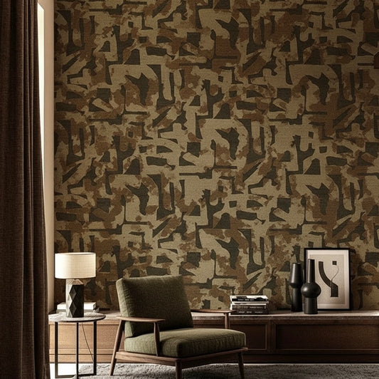 Abstract Camouflage Maze Wallpaper Mural - Custom Size, Non-Pasted Earth Tones