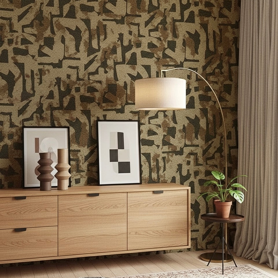 Abstract Camouflage Maze Wallpaper Mural - Custom Size, Non-Pasted Earth Tones
