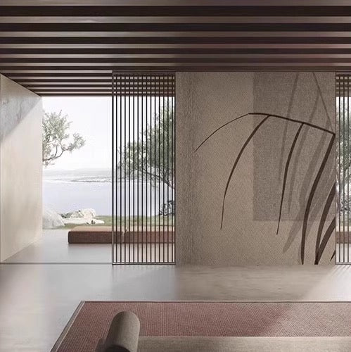 Modern interior with abstract wall art and view of trees and water