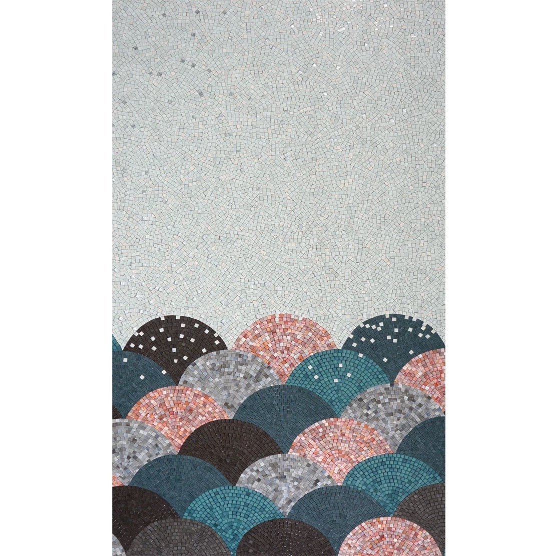 Mosaic mural with circular shapes in various colors on a gray background