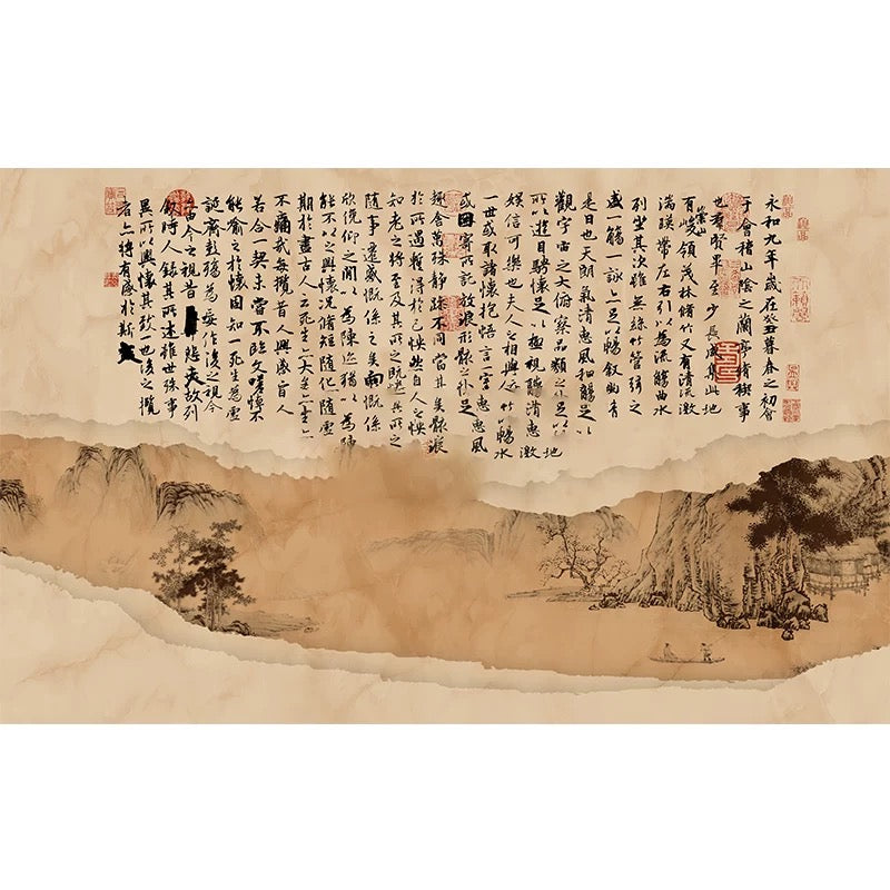 Authentic Chinese Calligraphy & Landscape Wall Mural - Traditional Asian Art Wallpaper