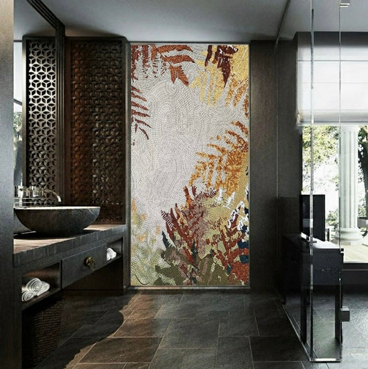 Autumn Fern Botanical Glass Mosaic Mural - Custom Handcrafted Tile Art for Luxury Spa or Dining Room