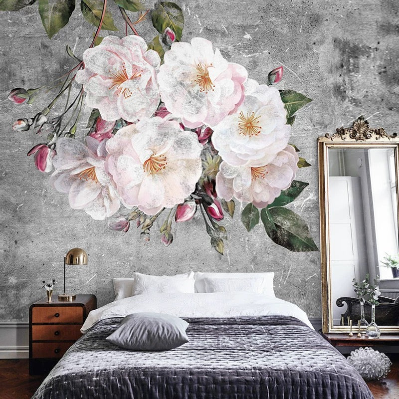 Vintage floral wallpaper mural with large blush and pink blooms for dramatic feature walls