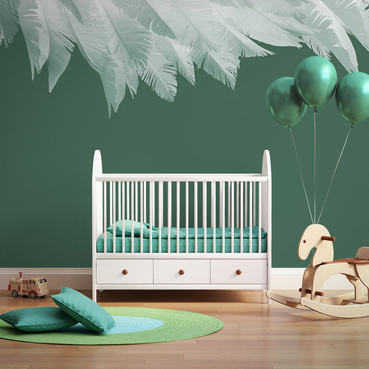 Emerald Dream Feather Wall Mural - Custom Green & White Nature Wallpaper for Bedroom, Nursery, and Living Room