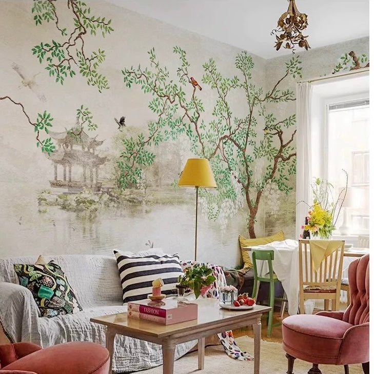 custom-wallpaper-mural-for-living-room-pastoral-tree-and-birds