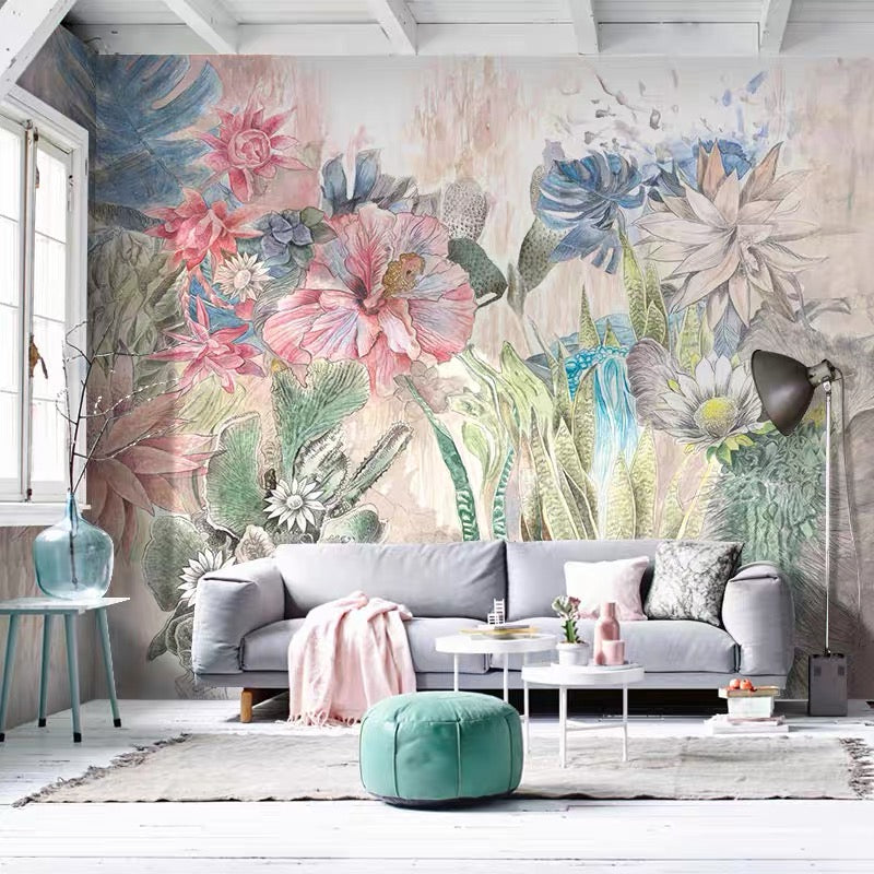 Custom Colorful Flowers Wallpaper Mural – Vibrant Botanical Floral Feature Wall for Bedroom, or Living Room
