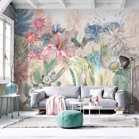 Custom Pastel Botanical Garden Wall Mural - Ethereal Floral & Succulent Art Wallpaper | Boho Chic