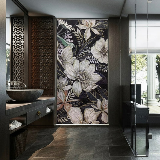Luxury Black and White Floral Glass Mosaic Mural - Custom-Sized Wall