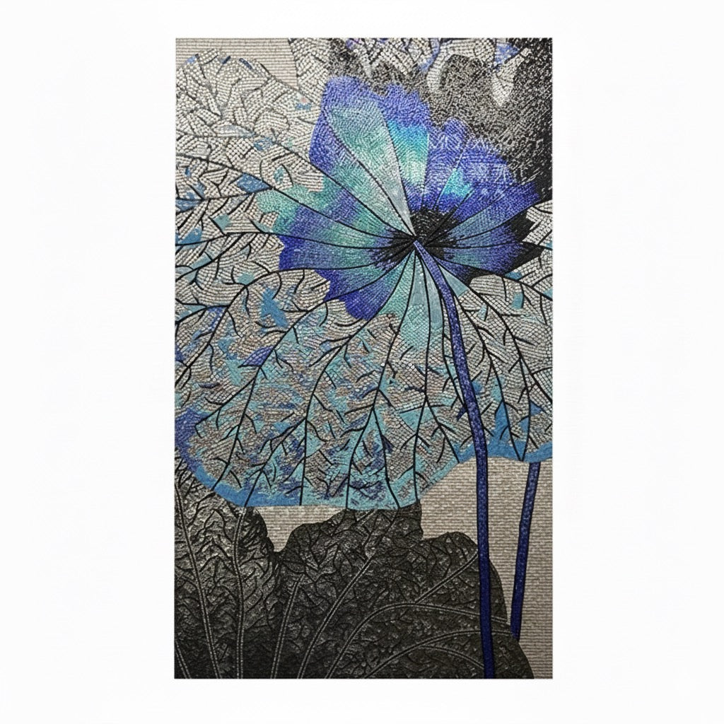 Mosaic Mural with blue floral design on a white background