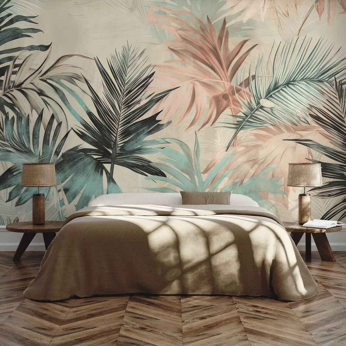Bedroom with tropical leaf wallpaper, bed, lamps, and wooden floor.