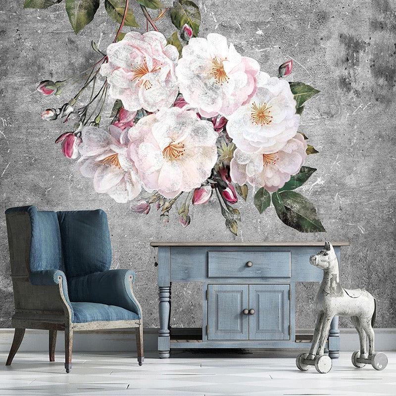 Vintage floral wallpaper mural with large blush and green blooms for dramatic feature walls