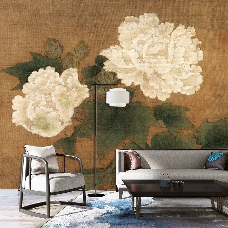 Antique Peony Wallpaper Mural Vintage Chinoiserie Art