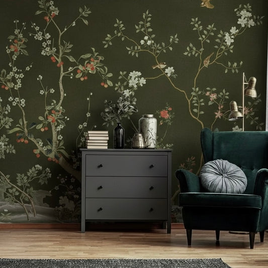 Custom Dark Green Chinoiserie Wallpaper Mural | Traditional Non-Pasted