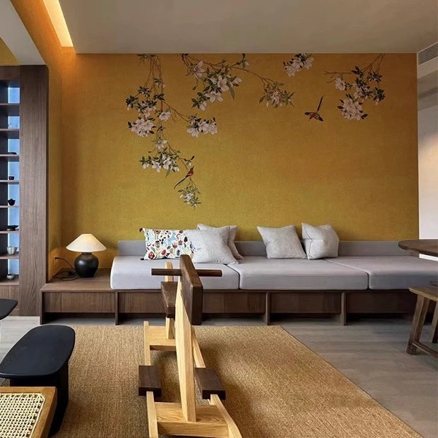 Custom sized yellow floral and bird wall mural for living
