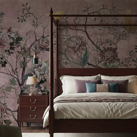 Custom Mauve Chinoiserie Floral Mural | Traditional Non-Pasted Wallpaper