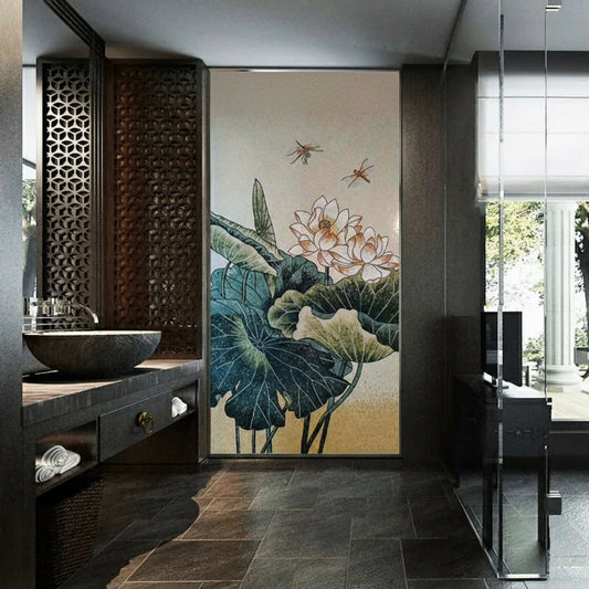 Tranquil Lotus and Dragonfly Glass Mosaic Mural - Custom Zen Art
