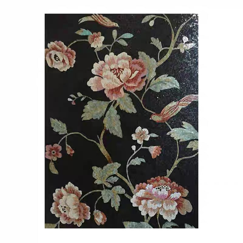 Vintage Chinoiserie Peony and Bird Glass Mosaic Mural - Custom Luxury Art