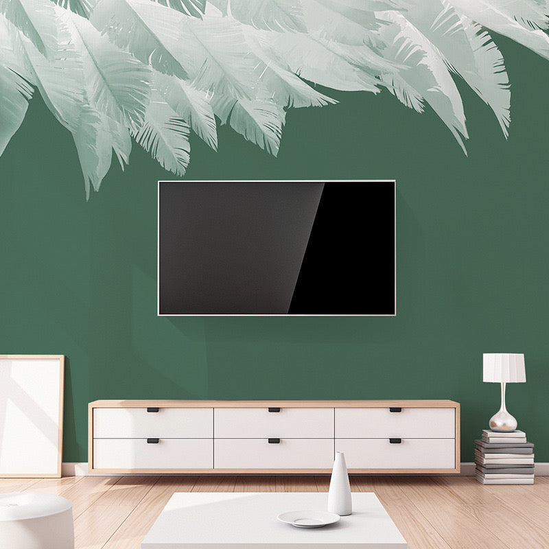 Emerald Dream Feather Wall Mural - Custom Green & White Nature Wallpaper for Bedroom, Nursery, and Living Room