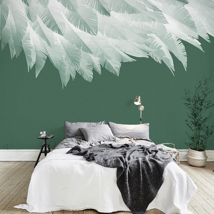 Emerald Dream Feather Wall Mural - Custom Green & White Nature Wallpaper for Bedroom, Nursery, and Living Room