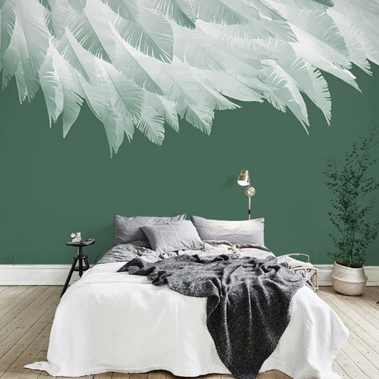 Emerald Dream Feather Wall Mural - Custom Green & White Nature Wallpaper for Bedroom, Nursery, and Living Room