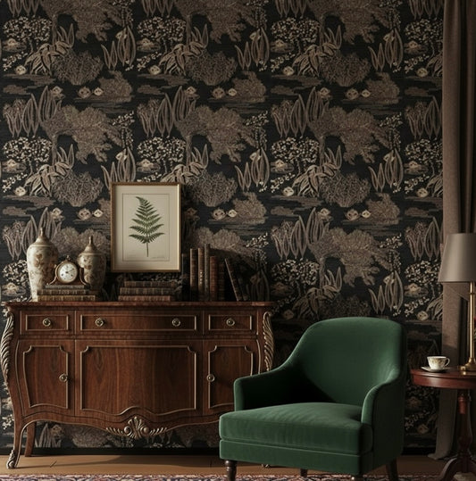 Room interior with dark floral wallpaper, wooden cabinet, green chair, and decorative items.