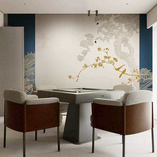 Modern dining room with a table and chairs against a decorative wall.
