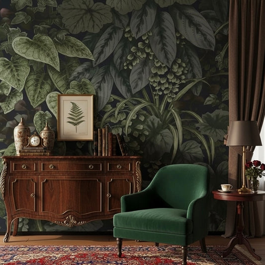 Enchanted Forest Botanical Wallpaper Mural | Lush Dark Green Foliage Non-Pasted Wallcovering