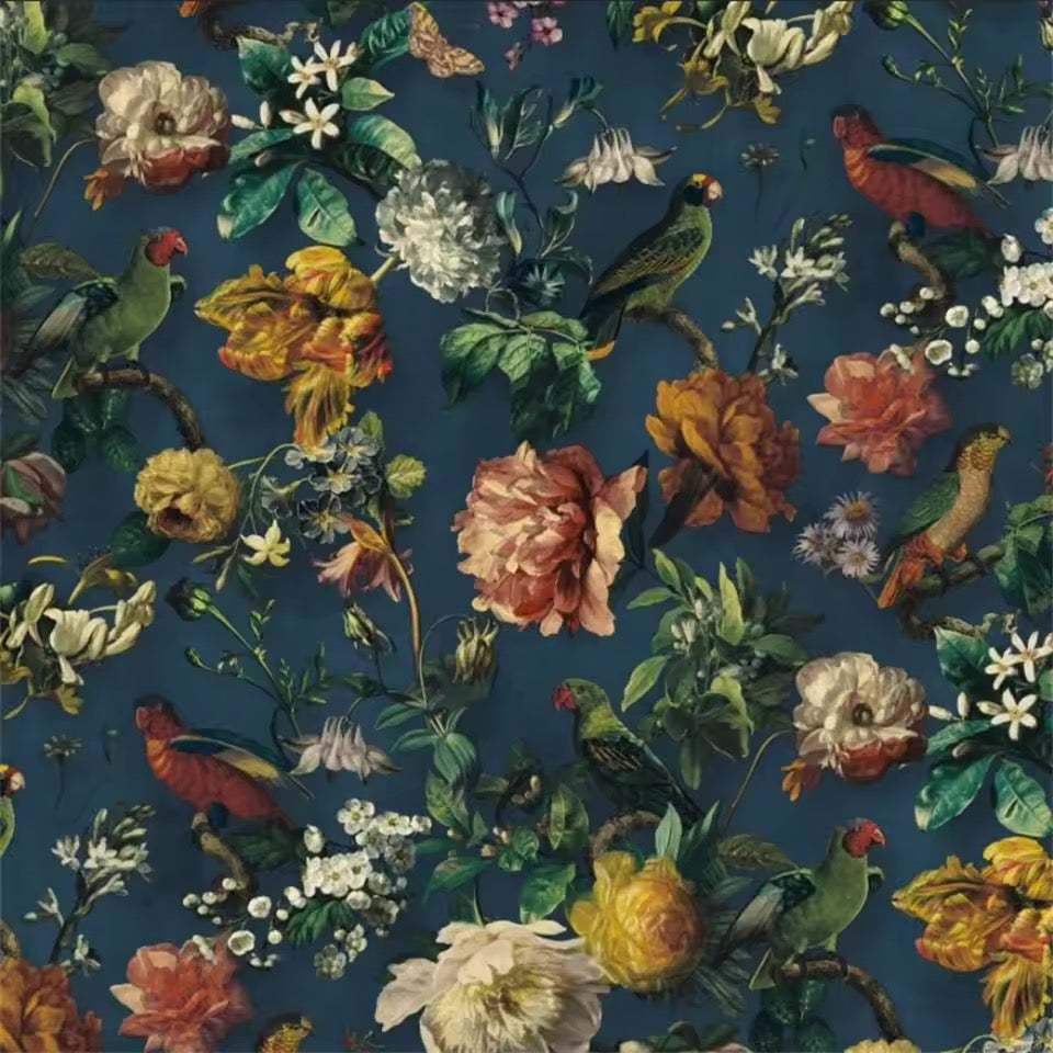 Exotic Aviary Dark Floral Wallpaper Mural | Chinoiserie Birds & Botanicals Non-Pasted