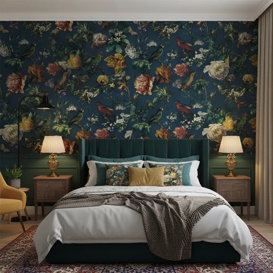 Exotic Aviary Dark Floral Wallpaper Mural | Chinoiserie Birds & Botanicals Non-Pasted