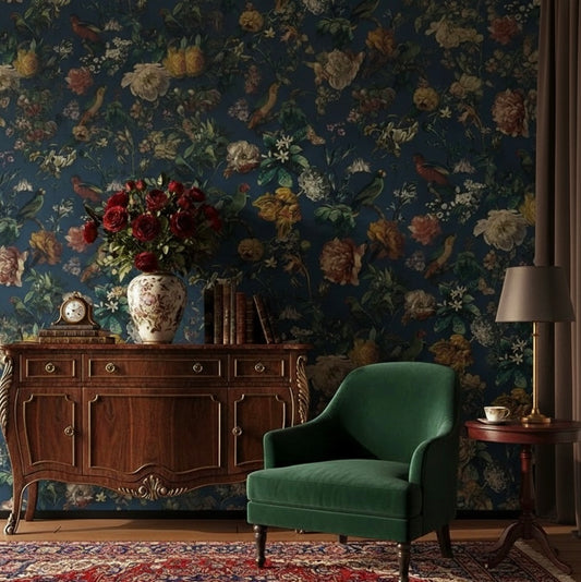 Exotic Aviary Dark Floral Wallpaper Mural | Chinoiserie Birds & Botanicals Non-Pasted