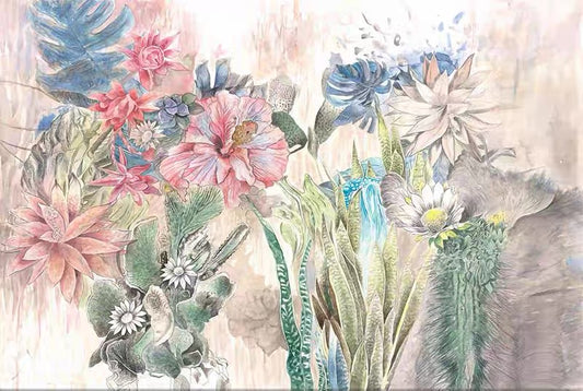 Custom Pastel Botanical Garden Wall Mural - Ethereal Floral & Succulent Art Wallpaper | Boho Chic