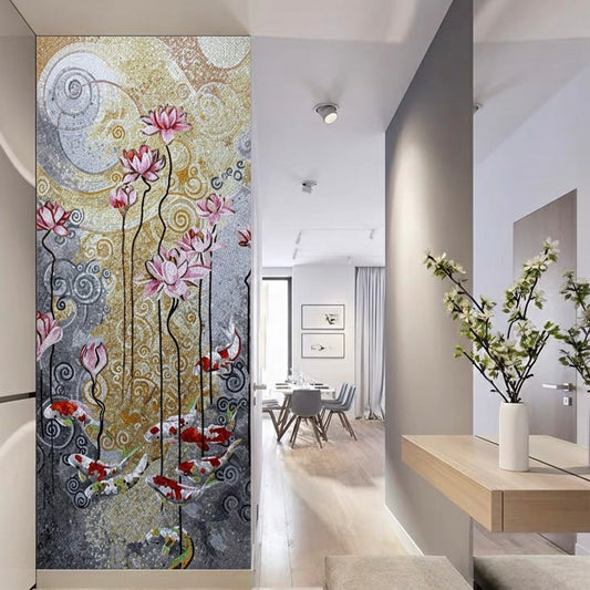 Feng Shui Koi Fish and Lotus Flower Glass Mosaic Mural - Custom Size Art