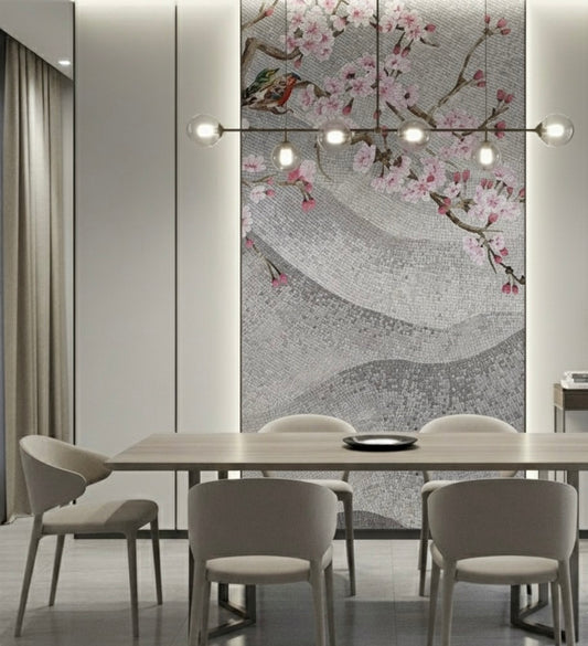 Serene Cherry Blossom & Bird Custom Glass Mosaic Mural - Japanese Floral Art Tile