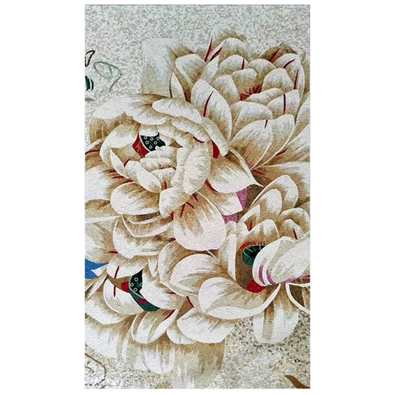 Decorative mosaic mural with floral pattern on a textured surface