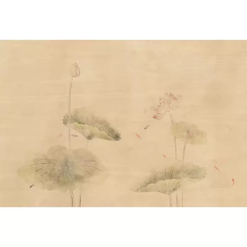 Traditional Chinese ink painting of lotus flowers on a beige background